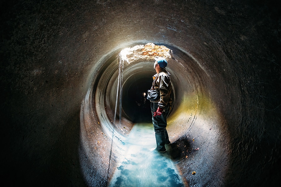 sewer tunnel worker examining a sewer