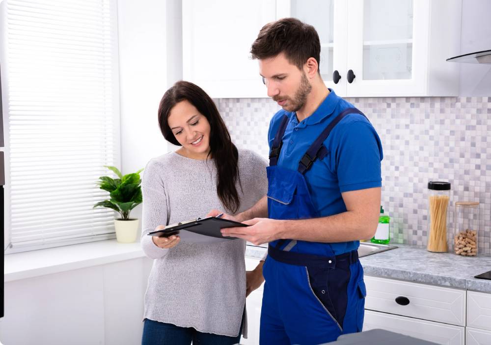 Plumber discussing quote with lady in a kitchen